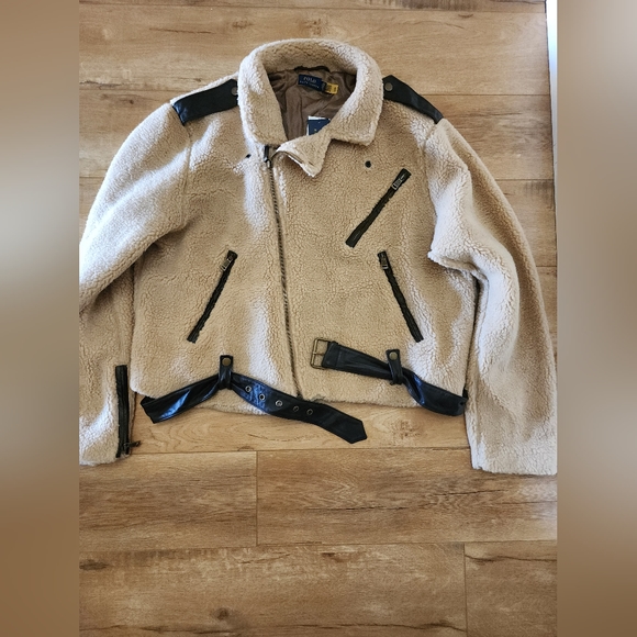 $398 NWT POLO RALPH LAUREN Women's XXL Moto Sherpa Fleece Jacket Leather Trim - Picture 4 of 13